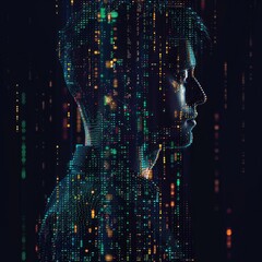A digital art piece portraying a persons silhouette filled with streaming lines of code and Bitcoin symbols representing identity in the digital age