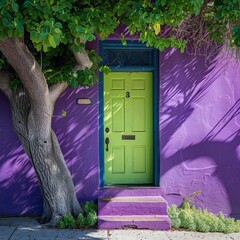 A purple House With A Green Door and Tree