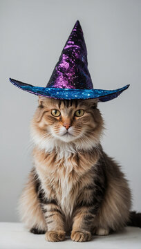 Image of cute cat wearing a witch hat 030