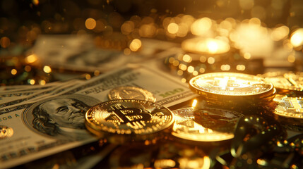 A pile of dollar bills and bitcoin on the table Cryptograph background - Powered by Adobe