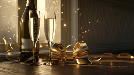 Two glasses of champagne and a bottle tied with a gold ribbon lay on the table - obrazy, fototapety, plakaty