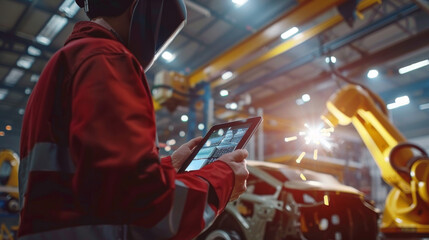 Worker man using tablet control Robotic welding in the industrial factory car