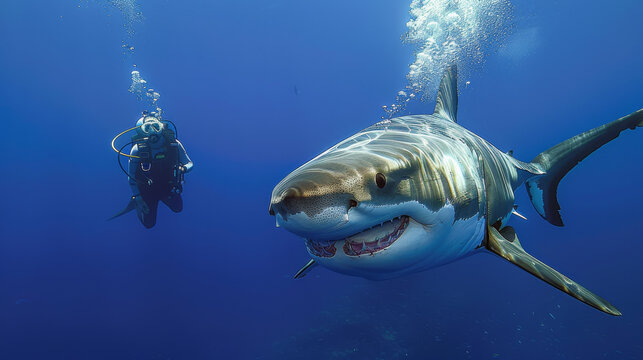 scuba diver swimming great white sharks