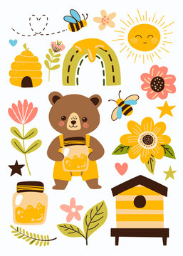 Ready poster with Flat vector illustration for children. Colorful vector cartoon illustration set with bears, honey, bees and flowers. 