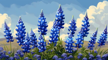 Obraz premium Strong brush stroke Landscape Oil painting in moody vintage farmhouse style features blue bonnets flower field wall art, digital art prints, home decor