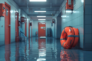 Emergency Evacuation Route in Flooded School Hallway with Orange Pumpkin