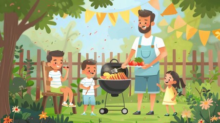 Obraz na płótnie Canvas Charming Family Barbecue in the Backyard with Father Grilling and Children Enjoying illustration