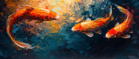 painting of koï fish pond swimming in an abstract colorful pond, zen relax emotion,