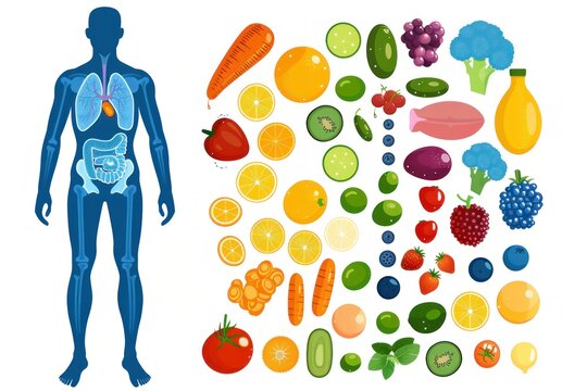 A person are shown with a large variety of fruits and vegetables surrounding them. The image is meant to convey the importance of a healthy diet..