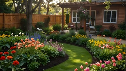 Fototapeta na wymiar Gorgeous backyard garden in full bloom