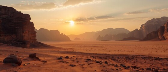 A desert landscape with a large rock in the foreground and a sun setting in the background. The sun is setting behind a mountain range in the distance