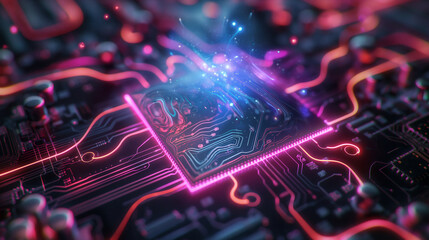 digital art piece visualizing the concept of sounds emanating from a semiconductor. Imagine a sleek, futuristic semiconductor chip at the center, glowing with neon lights. Around it - obrazy, fototapety, plakaty