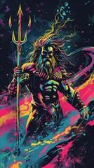 Poseidon with a long beard and a trident is standing in a colorful background