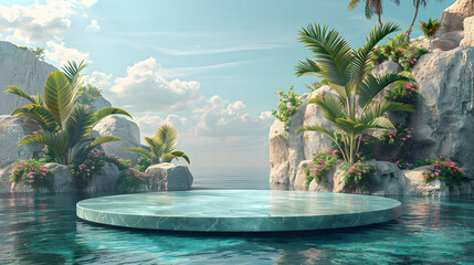water marble podium with copy space for product display presentation on sea-palm beach abstract background. Tropical summer and vacation concept. Generative ai