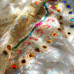 The detailing of mirror work embellishments on a sari
