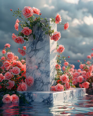 Marble stone with copy space, used as a premium podium display area for cosmetics. The background resembles a mountain, with water and natural flower elements such as pink roses, Sakura. Generative ai