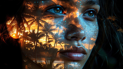 double exposure.  of the face of the attractive a Hawaiian model and a palm tree sunset 