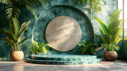 Green marble product podium display on palm nature cement wall background with Empty platform. Generative ai