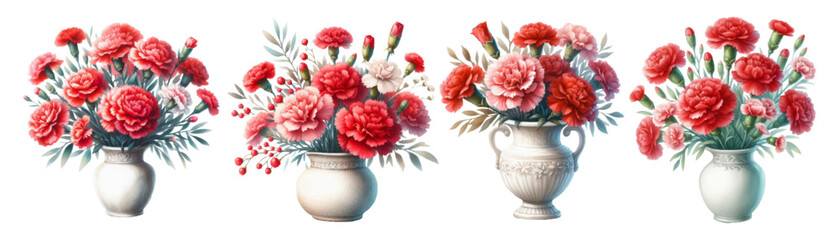 Set of watercolor illustrations of red carnations in a white vase