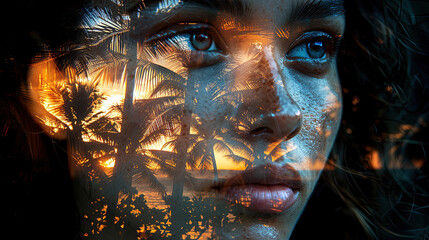 the face of the attractive a Hawaiian model and a palm tree sunset double exposure. 