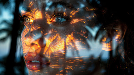 the face of the attractive model and a palm tree sunset double exposure. 
