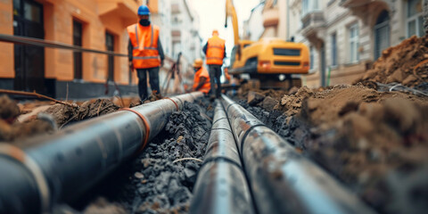 Workers install underground pipes for water, sewerage electricity and fiber optics for the population of an urban center. Construction of drinking water plumbing pipeline repair in winter time concept - obrazy, fototapety, plakaty