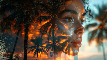 the face of the attractive affrican american model and a palm tree sunset double exposure. 