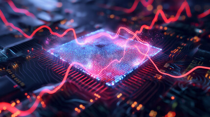 digital art piece visualizing the concept of sounds emanating from a semiconductor. Imagine a sleek, futuristic semiconductor chip at the center, glowing with neon lights. Around it