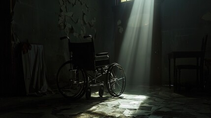 Fototapeta na wymiar dramatic photograph of wheelchair stands in lightened corner of dark room 