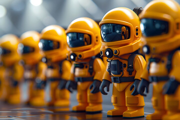 Fototapeta premium Robotic Safety Crew Readies for Challenging Mission in Isolated Setting with Cinematic Photographic Style