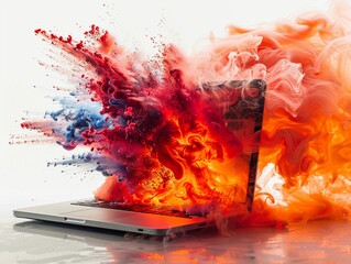 Exploding laptop with a fiery blast and colorful smoke swirls against a pure white background ,3D render - obrazy, fototapety, plakaty