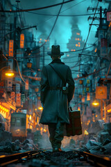 Fototapeta premium Solitary Silhouette Navigates the Enigmatic Cityscape at Nightfall