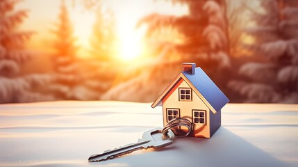 Keys and keychain with a house on nature background mortgage buying a new house