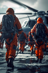Specialized Rescue Team Rehearsing Evacuation Procedures in Isolated Hazardous Environment with Cinematic Photographic Style - obrazy, fototapety, plakaty
