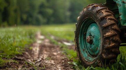 Disappearing against green tractor, macro lens, clear focus, bottom copy space, rural setting ,with copy space. - obrazy, fototapety, plakaty