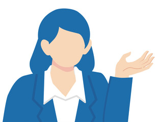 案内をする紺色スーツの女性のバストアップ