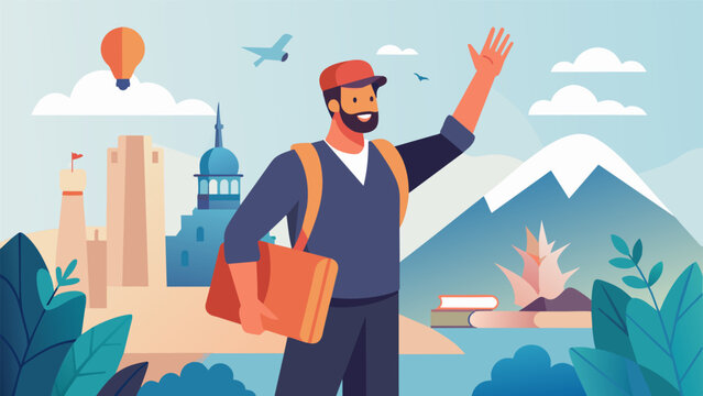 A montage of a traveler struggling to communicate with different locals from miming and using hand gestures to flipping through a pocket