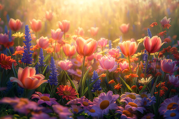 Sunlit tulip field with daisies and lavender. Digital art painting with backlighting effect. Golden hour and spring awakening concept, generative ai - obrazy, fototapety, plakaty