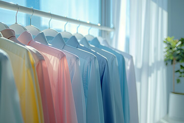 Row of pastel-colored shirts hanging on a rack. Fashion and wardrobe organization concept. Ideal for content related to clothing retail, personal styling, or home closet management, generative ai - obrazy, fototapety, plakaty