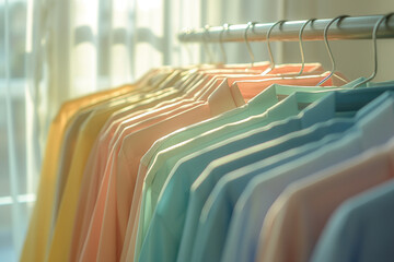 Row of pastel-colored shirts hanging on a rack. Fashion and wardrobe organization concept. Ideal for content related to clothing retail, personal styling, or home closet management, generative ai - obrazy, fototapety, plakaty