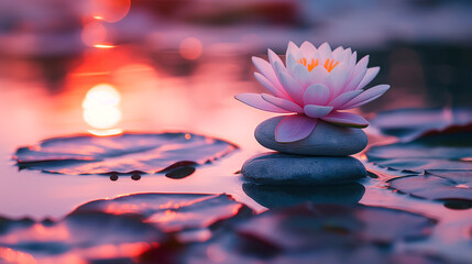 Lotus flower on stacked stones in tranquil water at sunset. Zen and meditation concept. Suitable for wellness retreats, spa advertisements, or relaxation themed,  generative ai