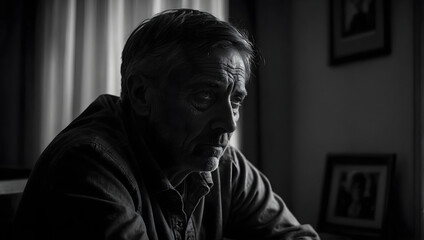 A person sitting alone in a dimly lit room, with a close-up of a stress preson's weathered face, surrounded by shadows, with a pensive expresssion reflecting feelings of depression.