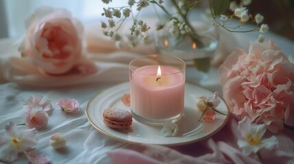 A pink scented candle illuminates a plate, placed next to a bunch of flowers on a table