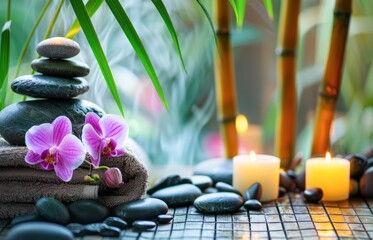 Tranquil Spa Setting With Orchids, Candles, and Stones on a Serene Evening - obrazy, fototapety, plakaty