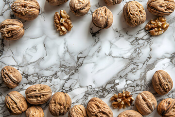 Obraz na płótnie Canvas Walnuts, a nutritious nut, resting on a sleek marble surface