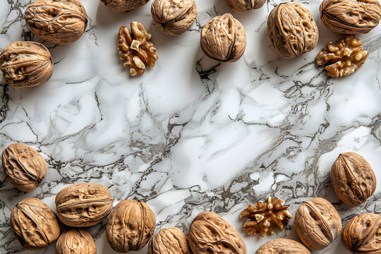 Walnuts, a nutritious nut, resting on a sleek marble surface