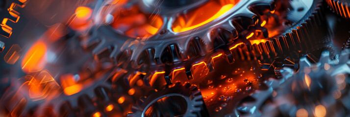 close up of gears and cogs in an industrial machine, glowing with orange light, generative AI - obrazy, fototapety, plakaty