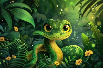 Fototapeta premium Cute friendly baby snake in the tropical jungle. Exotic funny reptile.