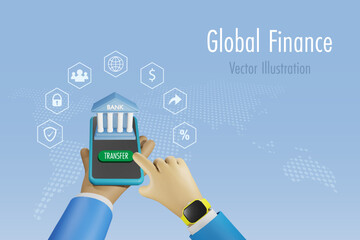Global finance, virtual bank, mobile banking, financial technology. Businessman hands holding bank building on mobile app transfer money with financial transaction icons. 3D vector.