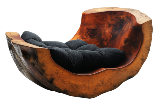 Wooden chair made of stump with comfortable cushion isolated on transparent background. Rustic style interior